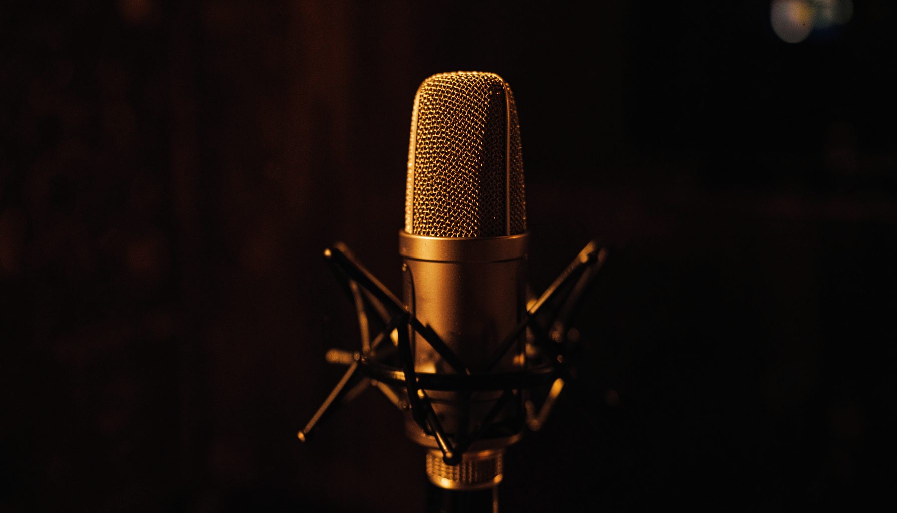 Studio microphone with shock mount lit warmly against a dark background, moody atmosphere